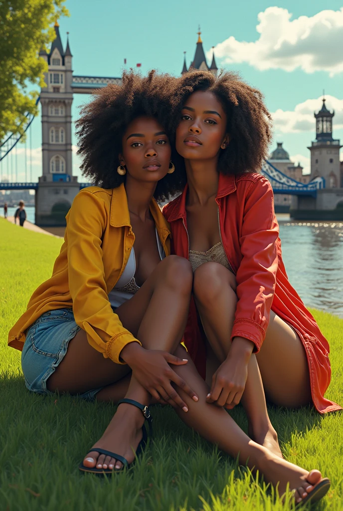 a beautiful young 2 Brazilian woman with dark skin, slim figure, wearing a colorful vintage urban jacket, with gorgeous curly hair, sitting on grass with a view of London Bridge