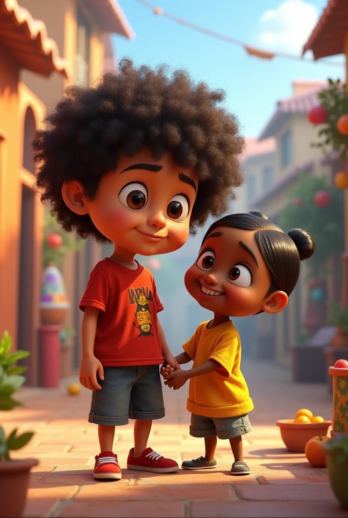 Draw me Noah in pixar style with Kiki: Features of Noe alto, colocho, has a good jaw, big nose protruding eye Noe is white. Features of short kiki with black hair, negro, square shaped head.