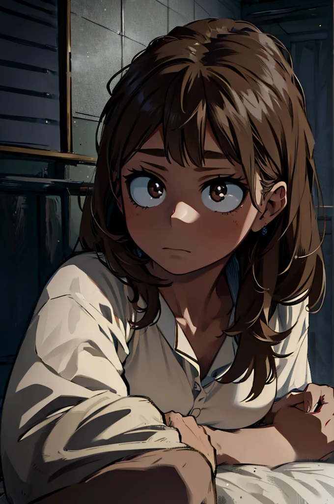 Aerial view of a girl lying on a pristine white bed, with her long wavy dark brown hair spread across the pillow. She is wearing a soft pajama, and her brown eyes show a determined expression. Subtle dark circles underline her eyes, adding depth to her gaze. The surrounding environment is cold and muted, with dim, cool-toned lighting that contrasts sharply with her intense look. The overall atmosphere of the room is quiet and almost sterile, further highlighting the warmth and strength in her expression.