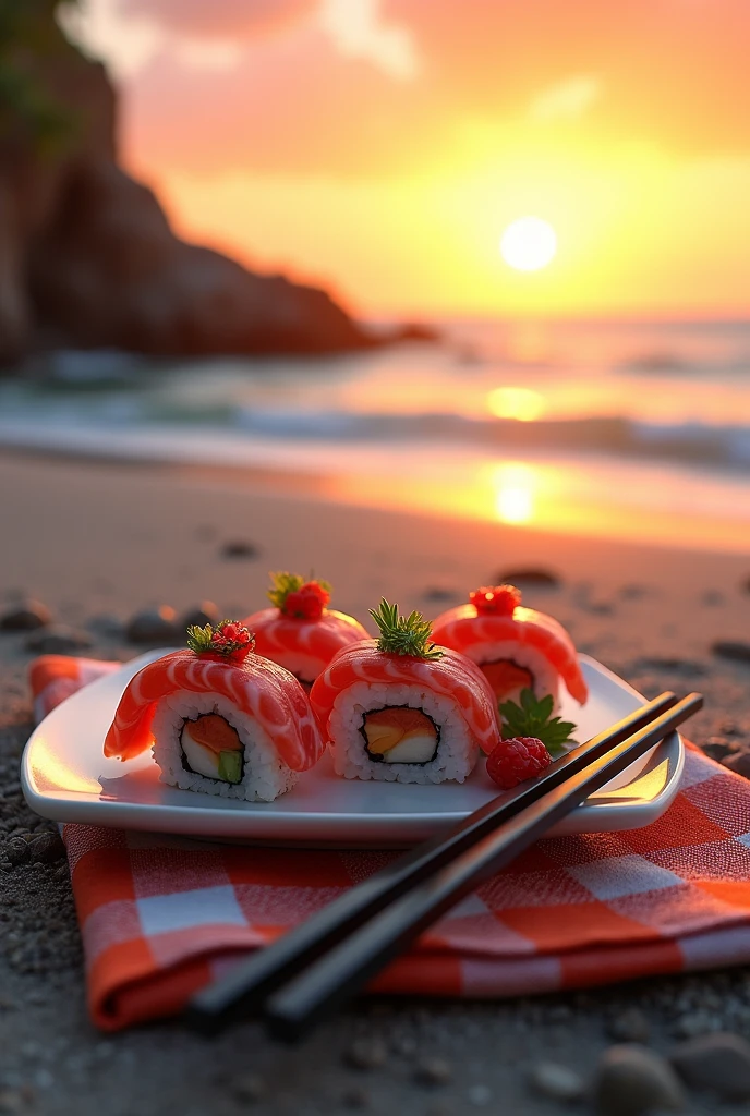 (photorealism:1.2), a plate of sushi with chopsticks on a beach towel at sunset on the rocks of a beach