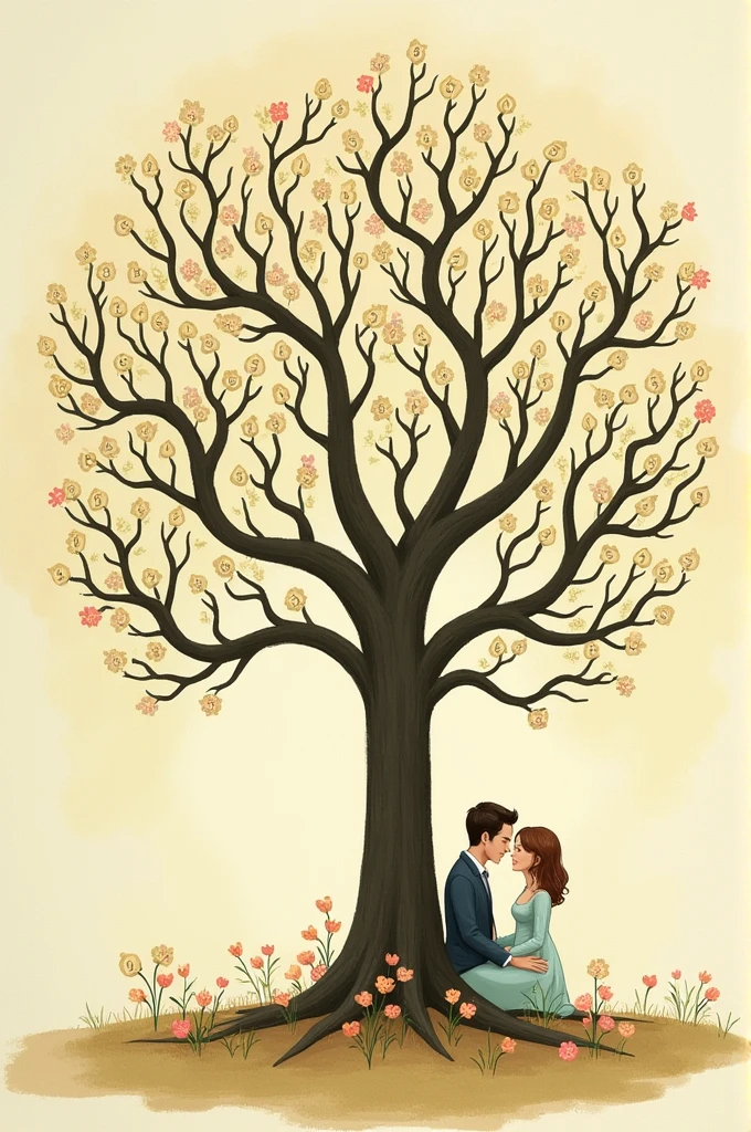 create a wedding guest tree, with several numbers on the tree branches and a couple sitting on the lower branches