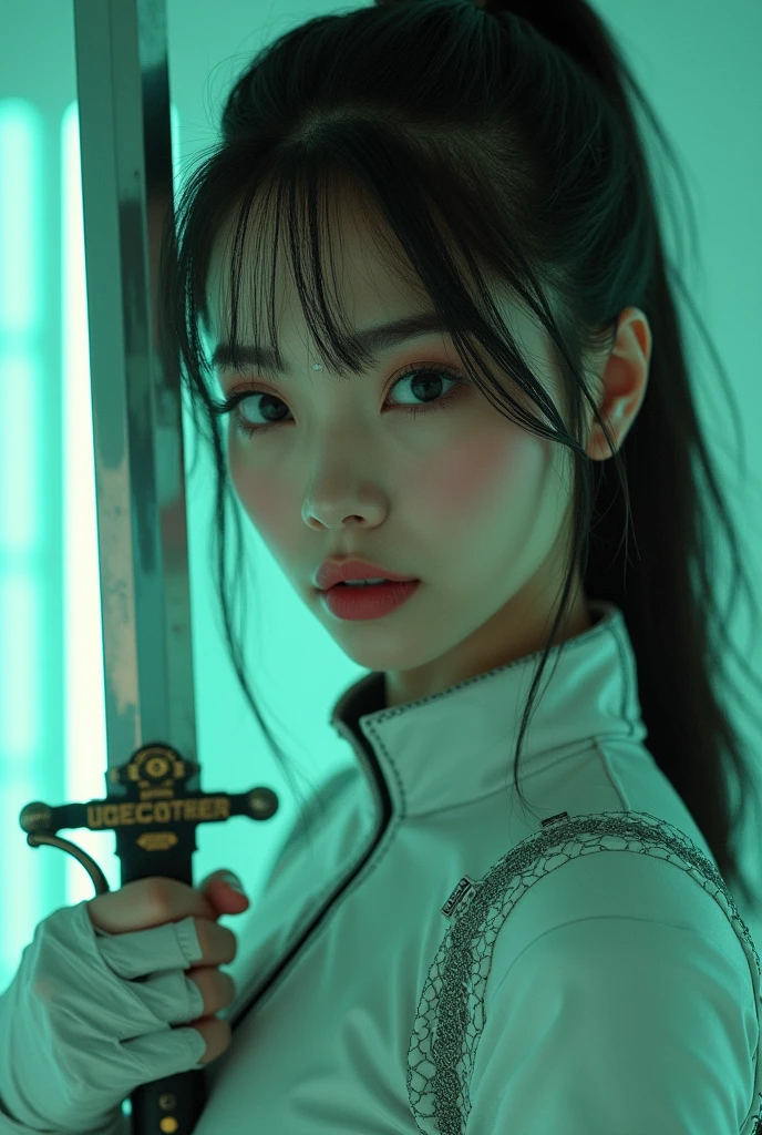 Beautiful woman in futuristic costume holding a sword, in film style, instant realism, light green and white,close-up portrait, fujifilm eternal vivid 500t, chinapunk, cyberpunk realism, poolcore --ar 73:111 --stylize 750 -- v 6