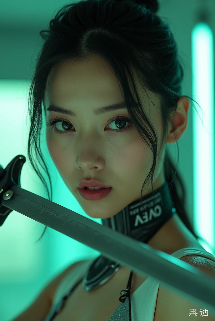Beautiful woman in futuristic costume holding a sword, in film style, instant realism, light green and white,close-up portrait, fujifilm eternal vivid 500t, chinapunk, cyberpunk realism, poolcore --ar 73:111 --stylize 750 -- v 6