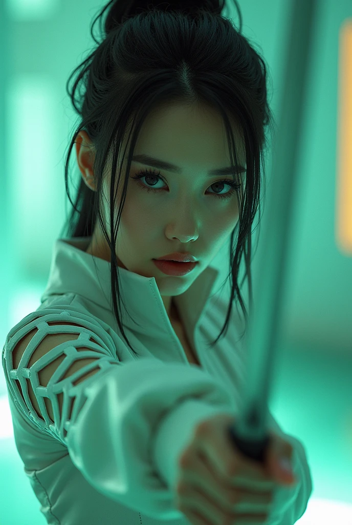 Beautiful woman in futuristic costume holding a sword, in film style, instant realism, light green and white,close-up portrait, fujifilm eternal vivid 500t, chinapunk, cyberpunk realism, poolcore --ar 73:111 --stylize 750 -- v 6