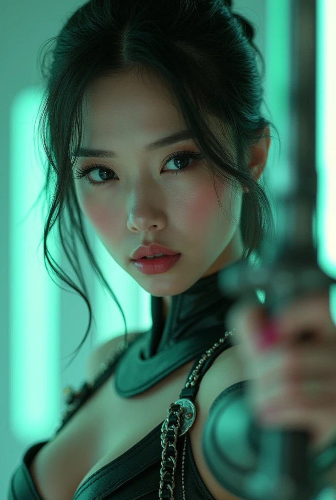 Beautiful woman in futuristic costume holding a sword, in film style, instant realism, light green and white,close-up portrait, fujifilm eternal vivid 500t, chinapunk, cyberpunk realism, poolcore --ar 73:111 --stylize 750 -- v 6