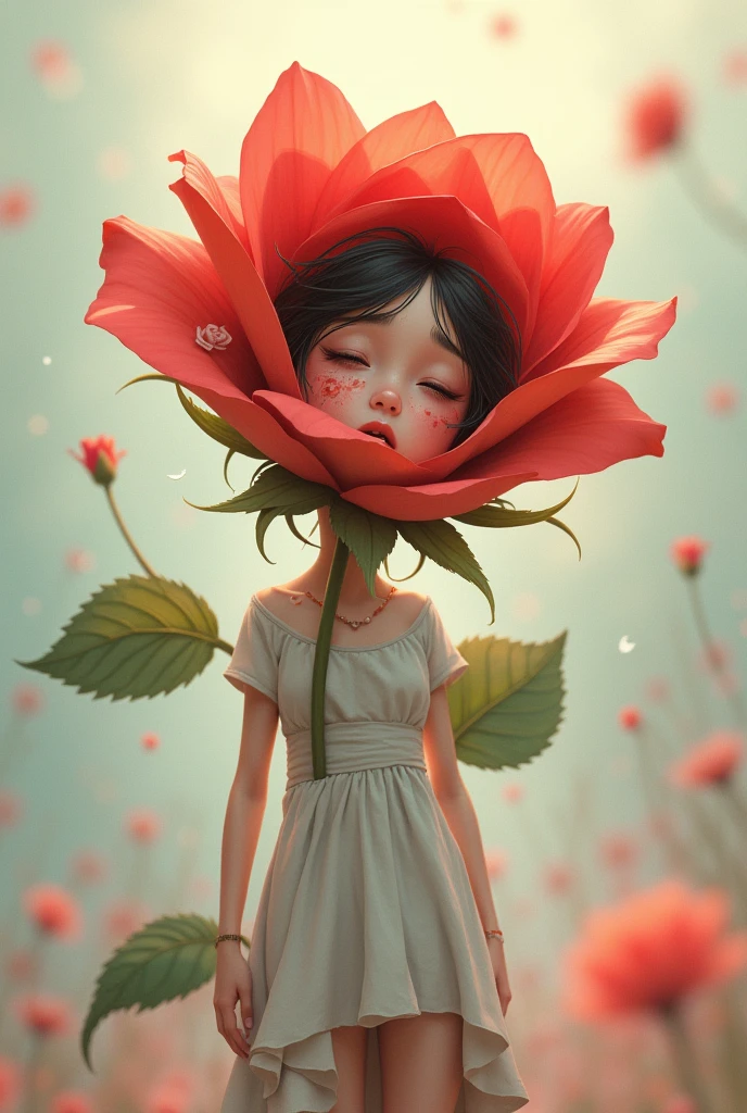 I would like you to create the image of a wounded girl emerging from a rosebud in a cartoon