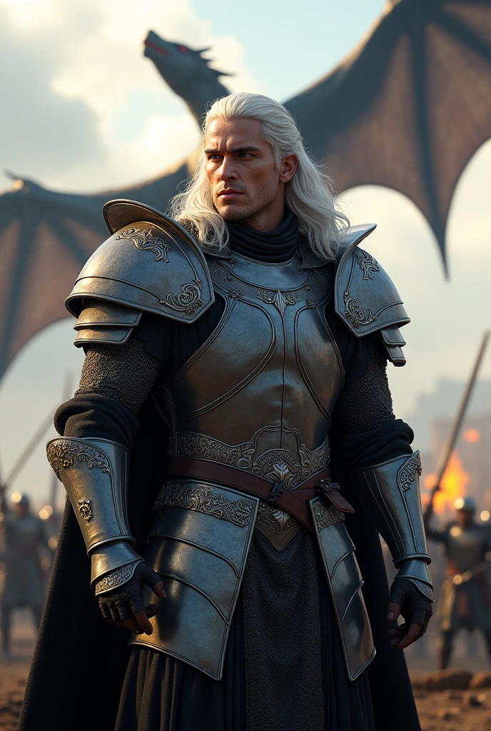 Make a detailed image of *aegon targaryen*, a white-haired, purple-eyed warrior, on battlefield, with his dragon flying in the sky
