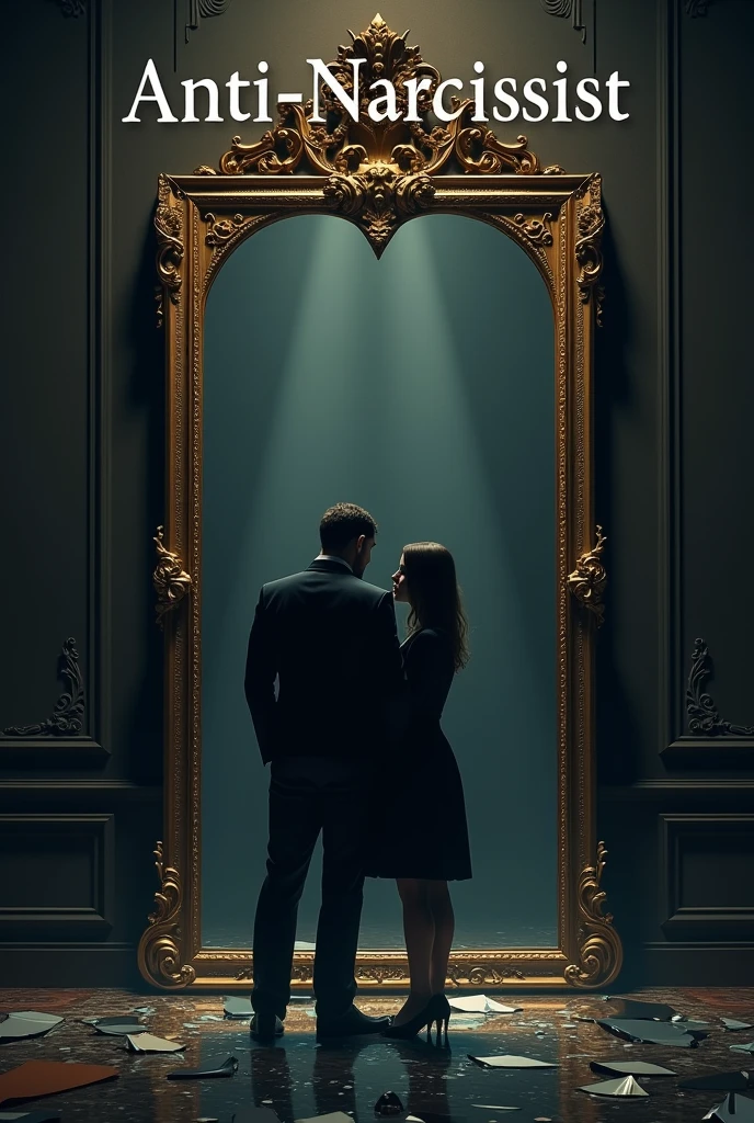 A cinematic, hyper-realistic book cover for an eBook in Portuguese titled 'Anti-Narcissist.' The cover depicts a dramatic scene of a couple in conflict, with the man embodying narcissistic traits, standing in front of a large, ornate mirror that reflects a distorted image of him. The woman stands firm but vulnerable, resisting his influence. The background is a dark, opulent room with broken mirrors on the floor. The title 'Anti-Narcissist' is prominently displayed at the top in a bold, elegant font. The subtitle 'The breaking of the mirror' is displayed below in a smaller, complementary font. Remove all other text from the original image. add the text in Portuguese: "Anti-Narcissist" and subtitle "The breaking of the mirror" styled: realisitic/Cinematic Resolution: Bullish (1024x1024 or higher) detalhamento: Maximum Illumination: Dramatic, focusing on clear contrasts and shadows Texture: fine-details, with attention to the composition of the elements (broken mirrors, opulence of the environment) Farbe: Dark and realistic color palette
