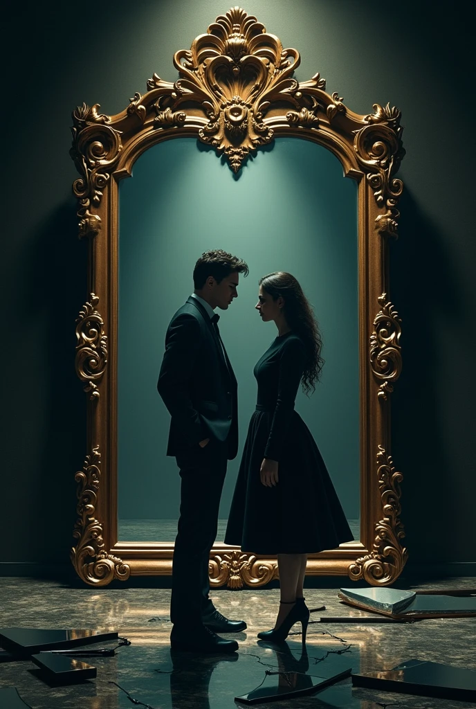 A cinematic, hyper-realistic book cover for an eBook in Portuguese titled 'Anti-Narcissist.' The cover depicts a dramatic scene of a couple in conflict, with the man embodying narcissistic traits, standing in front of a large, ornate mirror that reflects a distorted image of him. The woman stands firm but vulnerable, resisting his influence. The background is a dark, opulent room with broken mirrors on the floor. The title 'Anti-Narcissist' is prominently displayed at the top in a bold, elegant font. The subtitle 'The breaking of the mirror' is displayed below in a smaller, complementary font. Remove all other text from the original image. add the text in Portuguese: "Anti-Narcissist" and subtitle "The breaking of the mirror" styled: realisitic/Cinematic Resolution: Bullish (1024x1024 or higher) detalhamento: Maximum Illumination: Dramatic, focusing on clear contrasts and shadows Texture: fine-details, with attention to the composition of the elements (broken mirrors, opulence of the environment) Farbe: Dark and realistic color palette