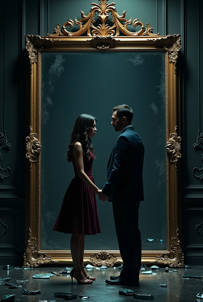 A cinematic, hyper-realistic book cover for an eBook in Portuguese titled 'Anti-Narcissist.' The cover depicts a dramatic scene of a couple in conflict, with the man embodying narcissistic traits, standing in front of a large, ornate mirror that reflects a distorted image of him. The woman stands firm but vulnerable, resisting his influence. The background is a dark, opulent room with broken mirrors on the floor. The title 'Anti-Narcissist' is prominently displayed at the top in a bold, elegant font. The subtitle 'The breaking of the mirror' is displayed below in a smaller, complementary font. Remove all other text from the original image. add the text in Portuguese: "Anti-Narcissist" and subtitle "The breaking of the mirror" styled: realisitic/Cinematic Resolution: Bullish (1024x1024 or higher) detalhamento: Maximum Illumination: Dramatic, focusing on clear contrasts and shadows Texture: fine-details, with attention to the composition of the elements (broken mirrors, opulence of the environment) Farbe: Dark and realistic color palette