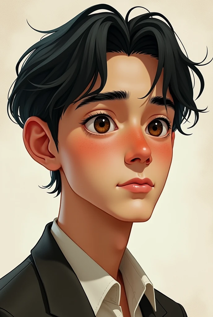 The man has a youthful, slightly oval face., with subtly marked cheekbones that give balance to her expression. Her skin is light-toned and shows some acne marks on both cheeks., which are visible but not exaggerated, giving a natural and realistic look to your skin. His eyes are a dark brown color, Medium in size and slightly almond shaped. The character&#39;s gaze is serious and introspective, framed by straight eyebrows, Medium thickness, and well defined. The eyebrows are thick and placed in a way that enhances the intensity of her eyes., giving him a thoughtful expression. The nose is straight and thick , with a soft bridge and a slightly rounded tip, harmonizing well with the rest of your facial features. The lips are a little thick and well defined., with a slight natural curvature that gives it a neutral expression, neither smiling nor frowning. The upper lip is slightly thinner than the lower lip.. The hair is completely straight, of a dark black color, and long length. It falls naturally and a little messily on the forehead., lightly covering the eyebrows, and extends to just above the ears on the sides. The hair has a fine texture and a natural shine., with some strands falling over the forehead and this hairstyle is bookish . 
