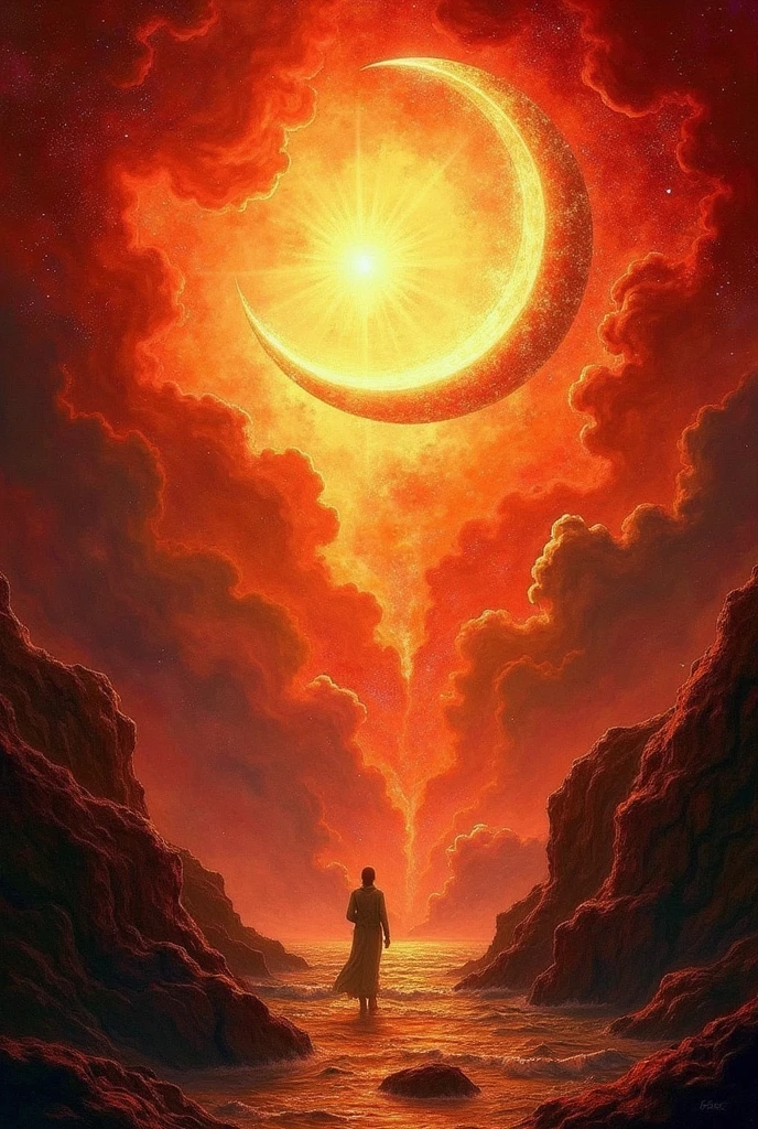 representing astrology but also an intense love where the predominant sign is the cancer sign. I want the color red and orange like the light without the woman.
