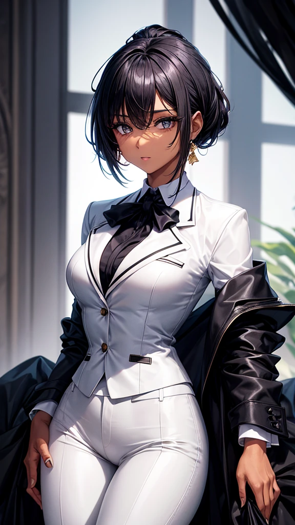 Black woman with golden iris eyes wearing a suit with white shirt and black pants with a beautiful body