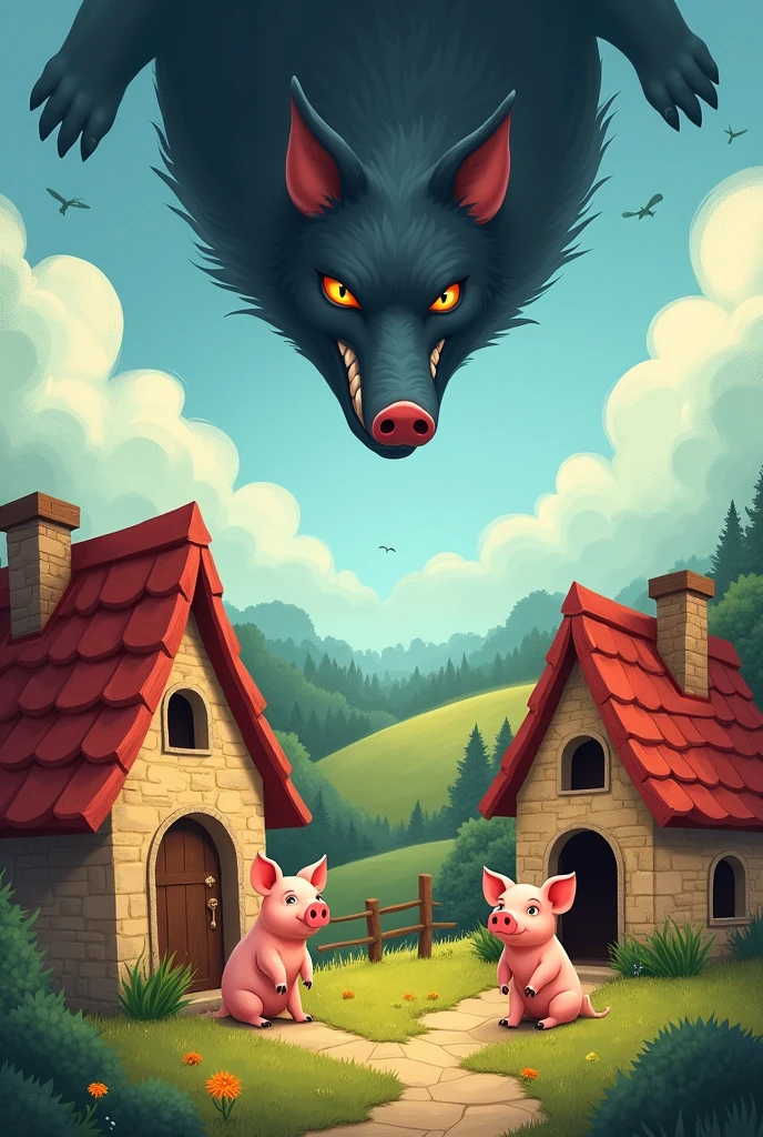 Make a cover for the story of the three little pigs, that you see the three little pigs inside their house and you see a witch mother pig flying in the sky.Also you can see the wolf lurking Easy to draw 