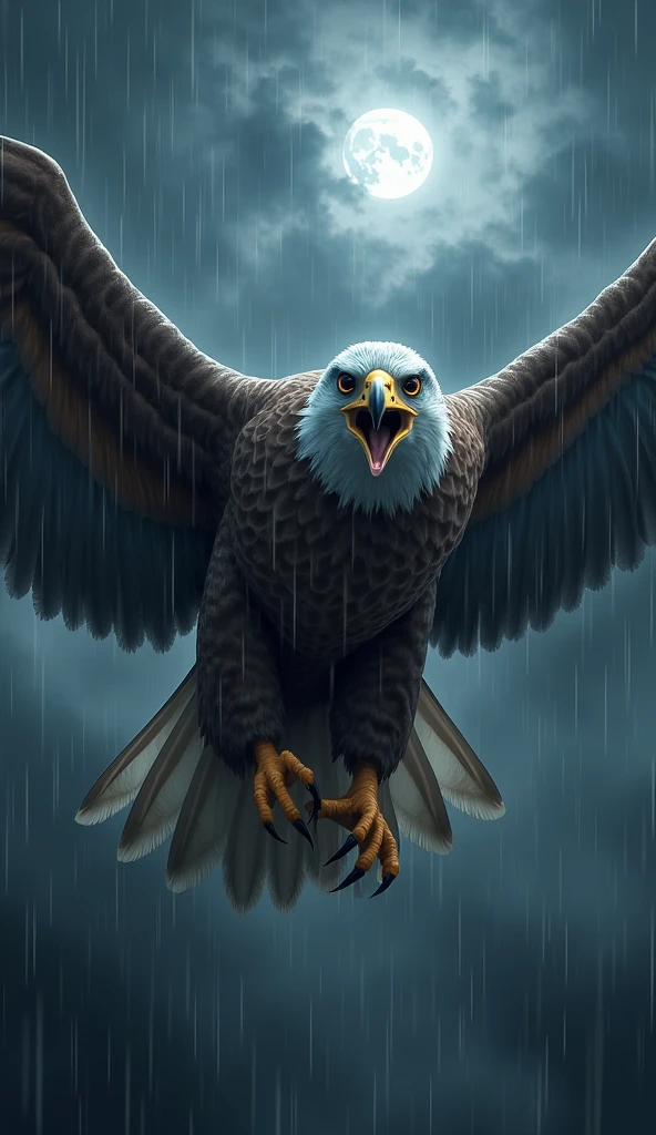 Create an ultra realistic 8k image of a raptor eagle in the rain at night under the moonlight