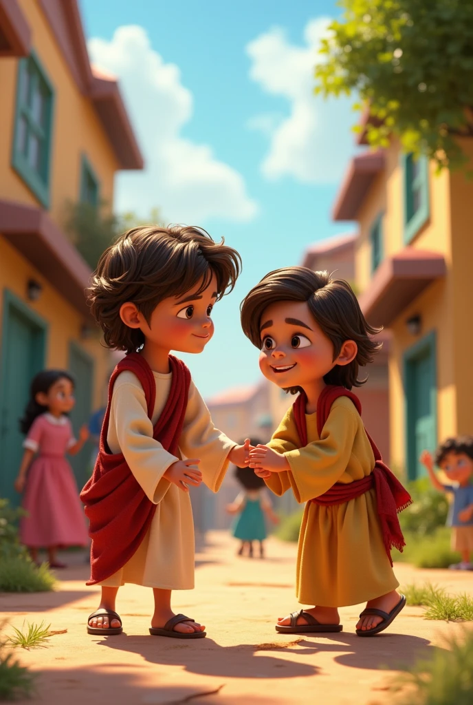 A 3D movie poster in Disney-Pixar style of Jesus as a  as a kid helping his friend that broke his ankle
