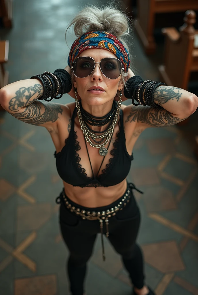 russian old milf woman, grey hair (bouffant, top bun) and oversized square sunglasses and wide colourful bandana as headband, with very light green eyes, extremely pale. Big lips. Black lace push up bra, silicone breast,, black yoga pants Flip flops. Lots of thick wide studded bracelets, chain collars and big rings,. Additional crossed loose belts,. Long earrings with chains and feathers. Standing with legs apart, hands on her hips, stretching her neck and looking up in surprise craving., Neck, chest, stomach and wrists heavily tattoed. Toned abdominals, thin neck, slim legs and thin arms. Narrow hips . In a church. Seem from above, sensual model poses