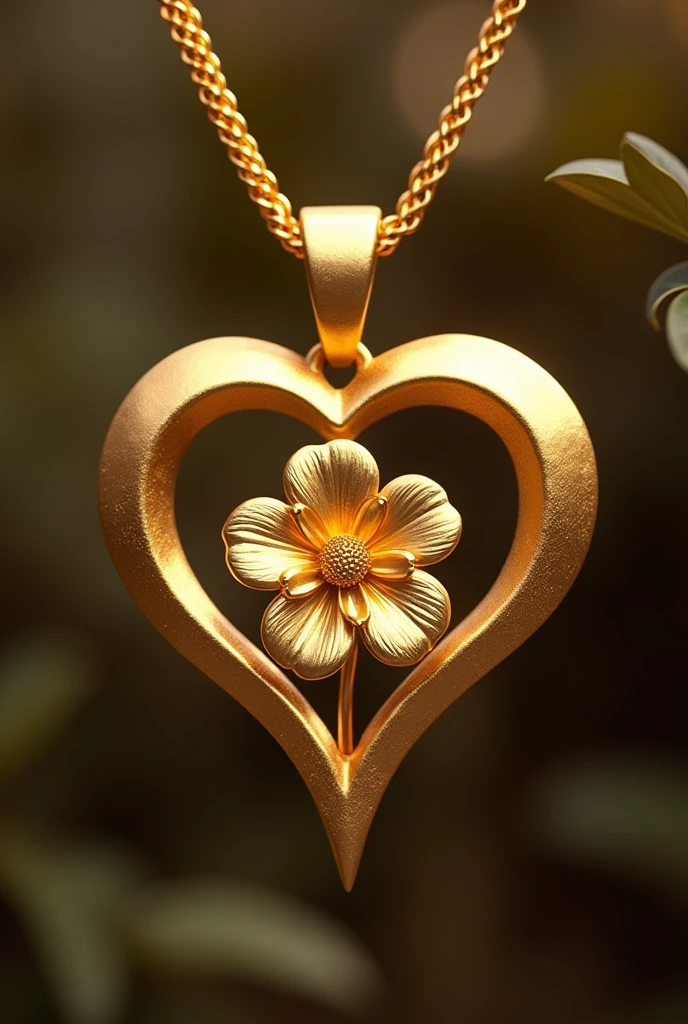Gold flower pendant and gold heart pendant combined and create one pendant, only flower in heart middle, no spaces in the pendant