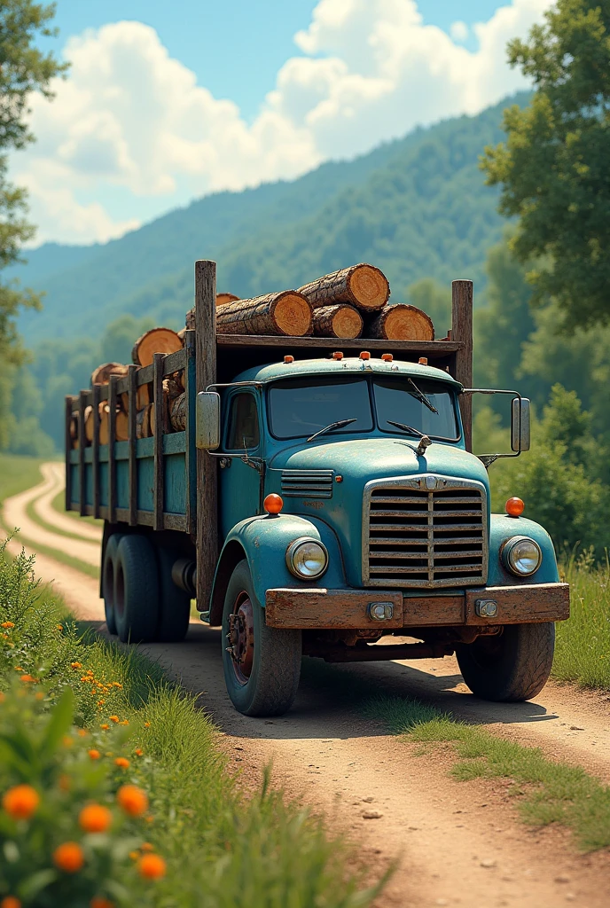 image of a truck with a blue platform with wooden uprights and loaded with wood