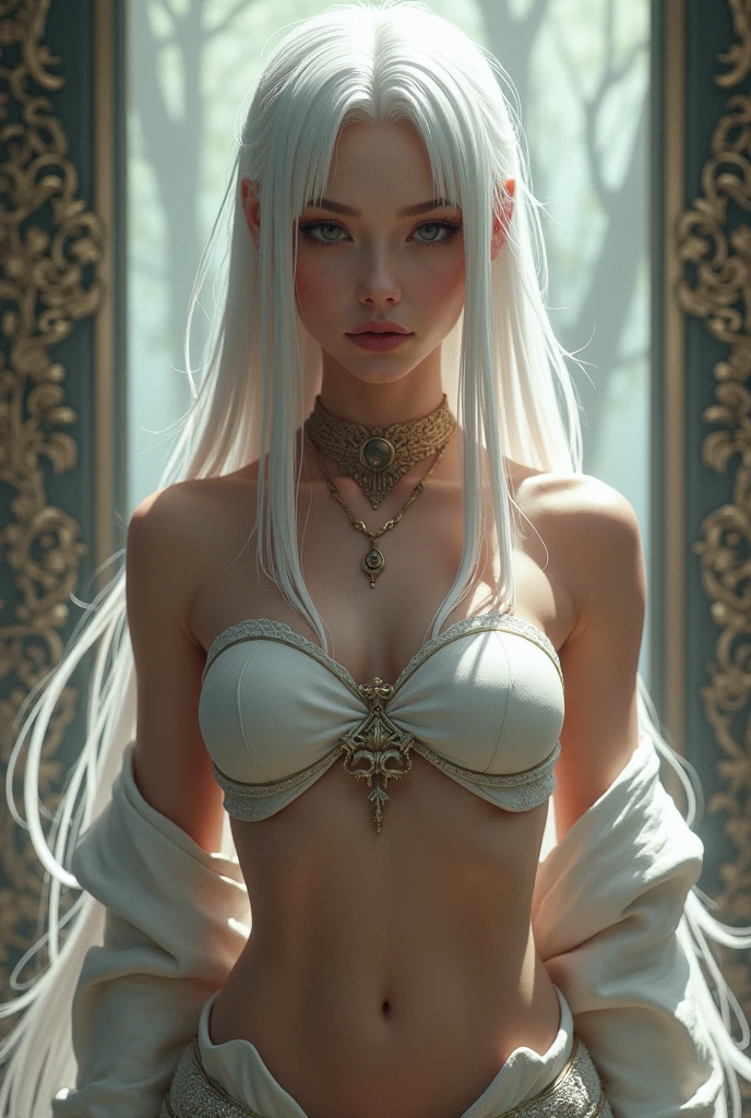 (Ultra real), (figure), (high resolution), (8k), (very detailed), (Best figure), (detailed and beautiful eyes), (la plus haute qualité), (Super detailed), (head of&#39;artwork), (Background&#39;screen), (Detailed face), Generate a highly realistic image of a captivating white-haired war goddess, NSFW, smalll breasts, prominent collarbones, skinny arms, flat belly, hip bones visible, capture every detail with stunning clarity,