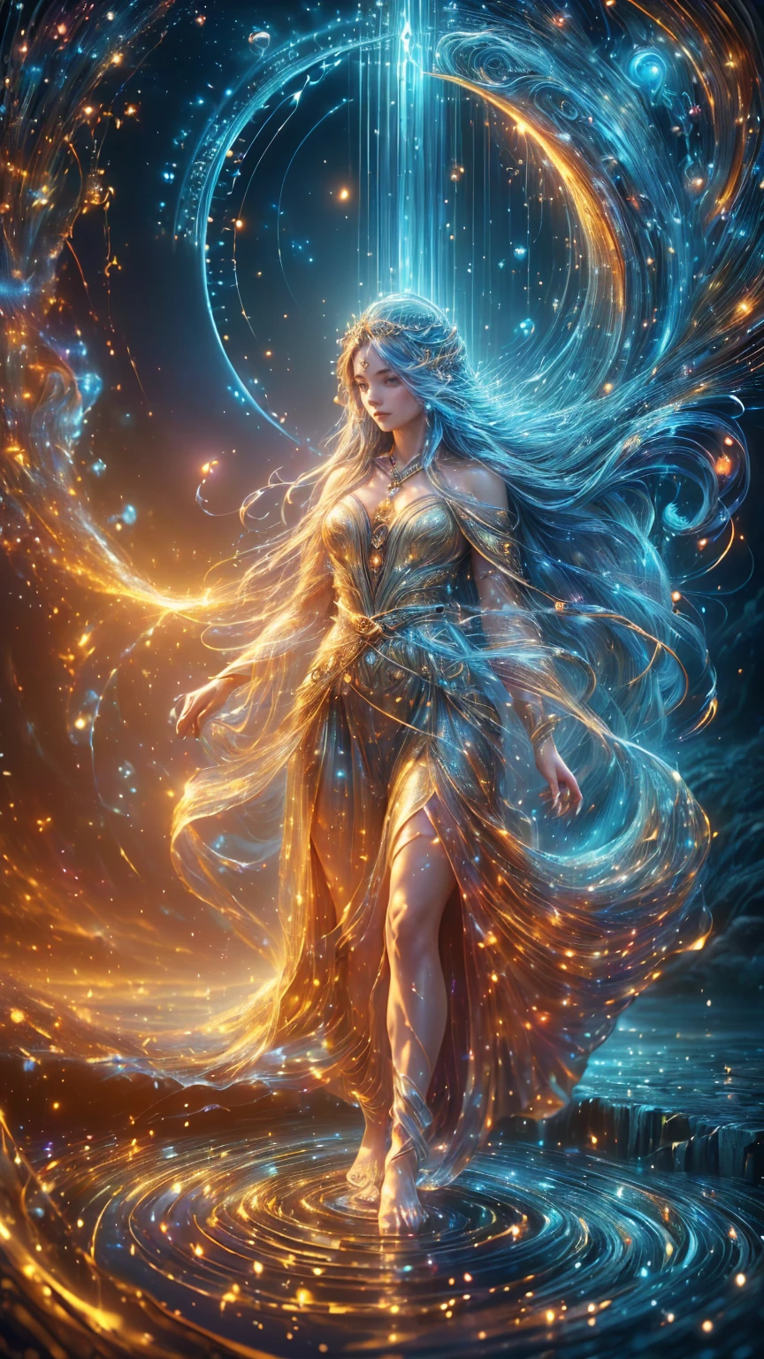 (A powerful and ethereal goddess fused with the River of Time:1.5), (full-body depiction:1.4), (flowing robes made of shimmering water and glowing sands of time:1.5), (her hair cascading like a waterfall, infused with glistening time particles:1.4), (eyes glowing with ancient wisdom and the passage of centuries:1.4), (one hand holding an hourglass with the sands flowing endlessly:1.4), (the other hand gently guiding the river of time around her body:1.5), (the river wraps around her form like a protective coil, with currents representing past, present, and future:1.5), (symbols of time—clocks, sun, moon, and stars—integrated into her flowing garments:1.4), (background depicting a cosmic landscape where time flows endlessly:1.4), (a radiant aura of blue and gold hues surrounds her:1.4), (detailed facial features with a serene, knowing expression:1.4), (ethereal light and mist around her feet as she walks on the river of time:1.3), (highly detailed and intricate design:1.4), (surreal and majestic atmosphere:1.3), (vivid and harmonious color palette:1.4)