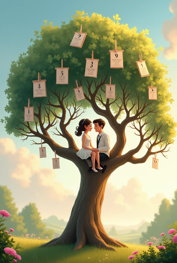 create a wedding guest tree, with several numbers on the tree branches and a couple sitting on the branches