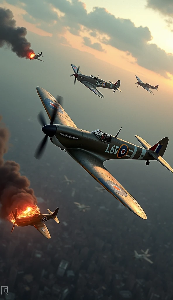 A dramatic aerial battle above London, with Spitfires and Hurricanes of the RAF engaging German Messerschmitts and Heinkel bombers. The sky is filled with the trails of smoke, flaming aircraft, and the backdrop of London below. A Spitfire is shown firing its machine guns, aiming at a German bomber descending in flames.