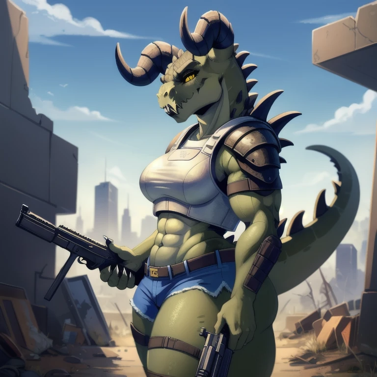 (((Masterpiece))), ((4k)), (best body), Solo, score_9,score_8_up,score_7_up, kemono style, Anthro deathclaw from fallout, Anthro reptile girl, snout, green scaled skin, gold eyes, black lips, black horns, black ram horns, athletic body, smiling,  wearing bodyarmor, bulletproof vest, holding a gun, blue shorts, fallen city, 