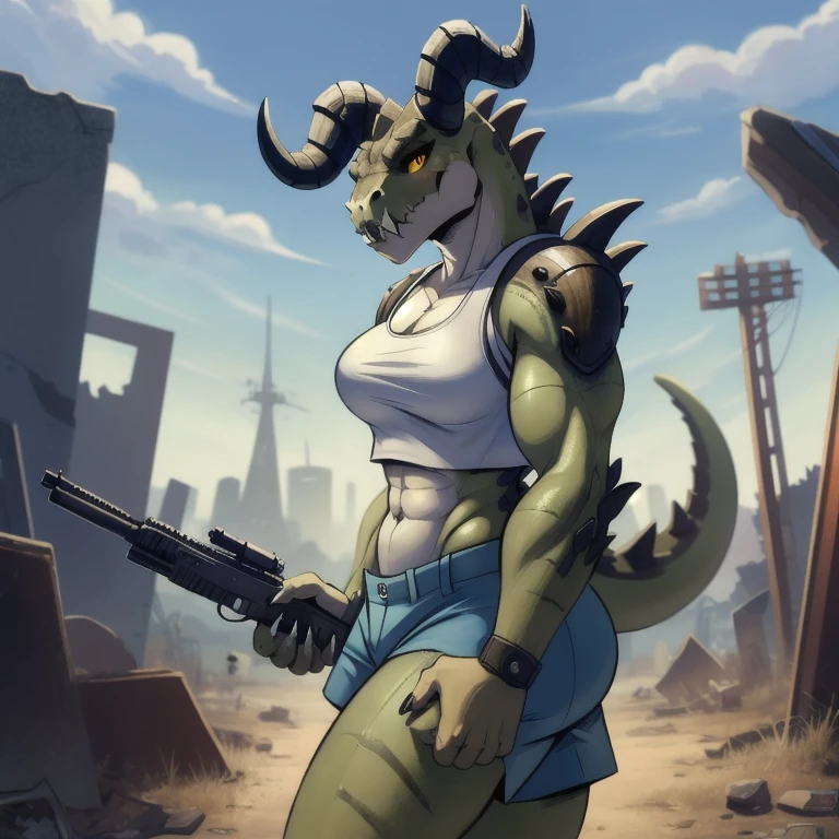 (((Masterpiece))), ((4k)), (best body), Solo, score_9,score_8_up,score_7_up, kemono style, Anthro deathclaw from fallout, Anthro reptile girl, snout, green scaled skin, gold eyes, black lips, black horns, black ram horns, athletic body, smiling, wearing bodyarmor, bulletproof vest, holding a gun, blue shorts, fallen city,