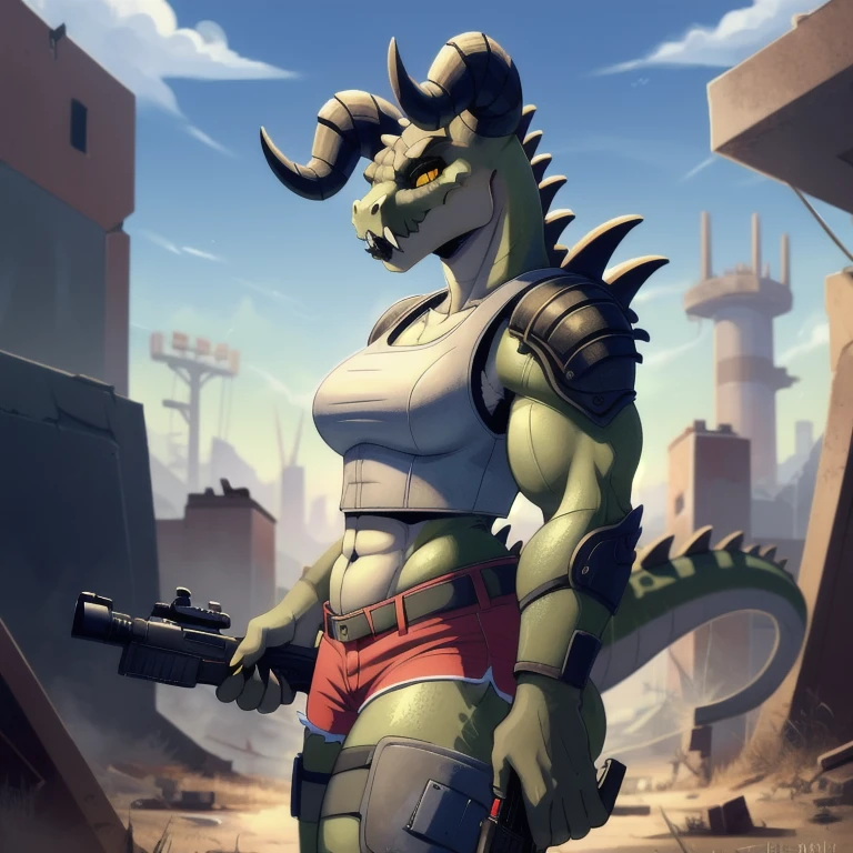 (((Masterpiece))), ((4k)), (best body), Solo, score_9,score_8_up,score_7_up, kemono style, Anthro deathclaw from fallout, Anthro reptile girl, snout, green scaled skin, gold eyes, black lips, black horns, black ram horns, athletic body, smiling,  wearing bodyarmor, bulletproof vest, holding a gun, blue shorts, fallen city, 