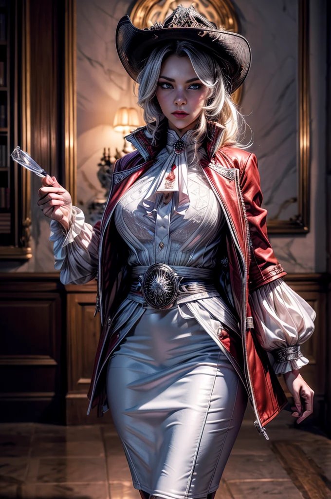 masterpiece,best quality, masterpiece, high detail,detailed face,detailed eyes,rendered eyes,perfect eyes,hip lines,ambient occlusion,crisp image,detailed,amazing,8k,8k wallpaper,8k background,high detailed skin,high res, (((cowboy shot))), solo, 1girl,looking at viewer,WillowSchnee, . Her attire consists of a white cravat secured by a silver brooch set with a red stone, as well as a light purple jacket with light sleeves, a wide belt around her waist, a matching pencil skirt with black tights and slippers. serious expression, standing in her library, holding wine glass  (volumetric lighting), sharp focus, hyper detailed 