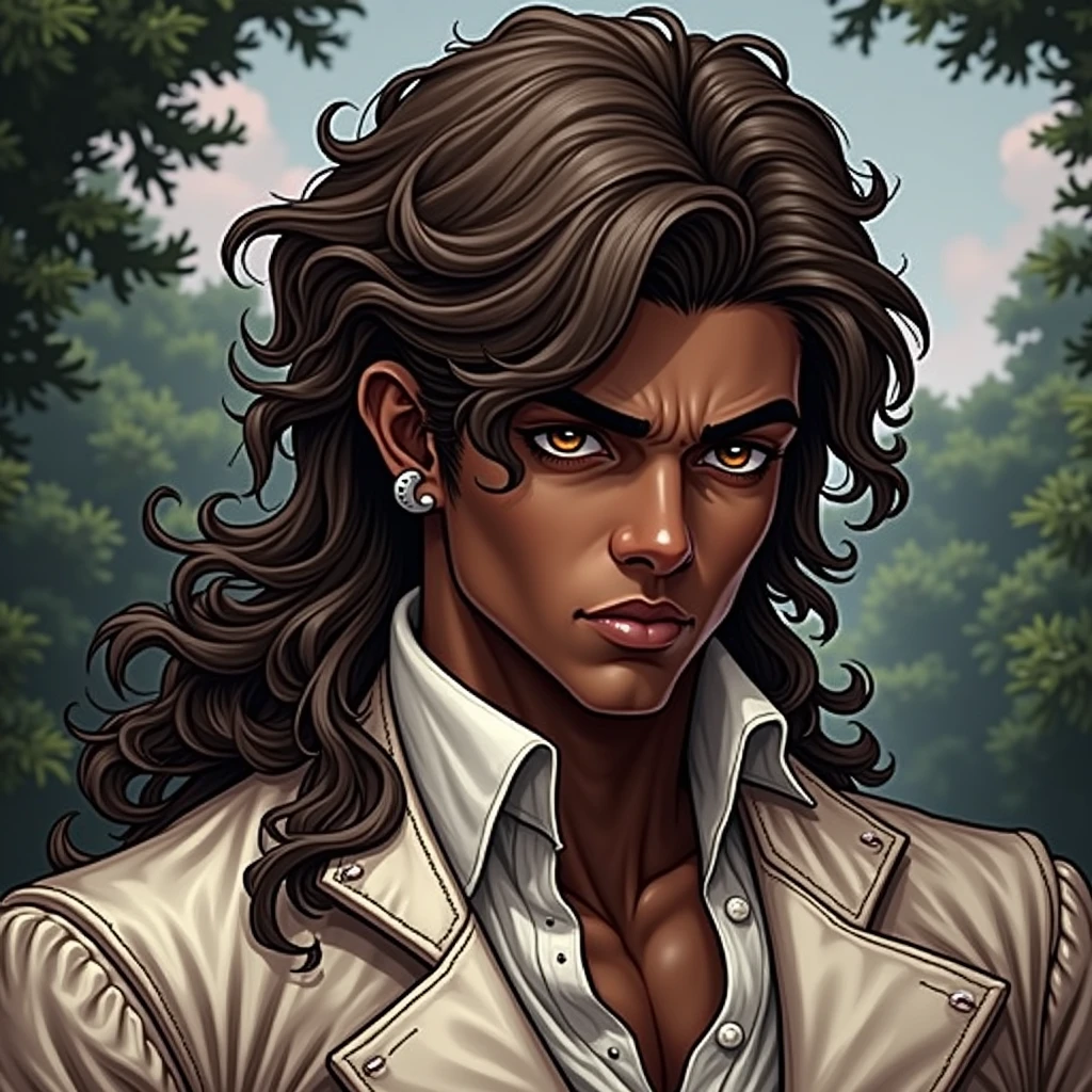 HDR, UHD, 8K, best quality, masterpiece, Highly detailed, sharp focus, detailed, ultra high res, amazing composition, intricate, hyperdetailed, detailed body, (detailed face:1.1), (rendered eyes), (perfect eyes), view from below, solo focus, full body, man, muscular body, dark skin, brown skin, chocolate brown hair, curly hair, shoulder length hair, brown eyes, massive cock bulge, silver earring, black suit jacket, black suit and tie, black leather shoes, earpiece