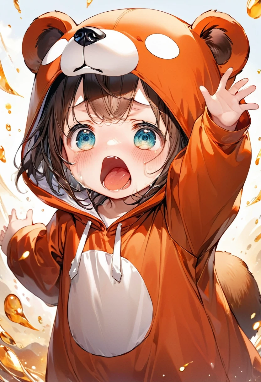 (Highest quality,Extremely detailed depiction,Incredible high resolution),Deformed Character, wearing a bear costume:1.3,Arms raised pose,Mouth open, crying, sad