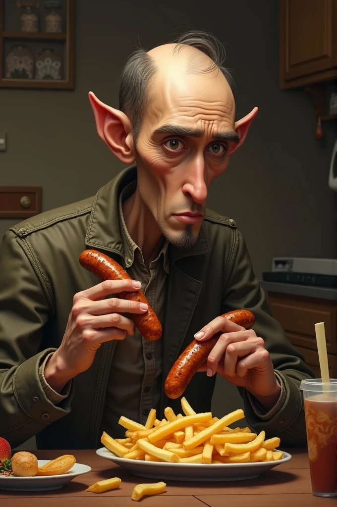 Thin man eating sausage and chips 
