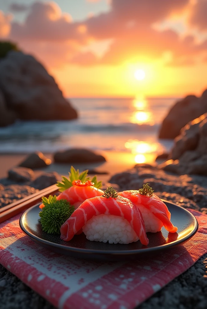 (photorealism:1.2), a plate of sushi with chopsticks on a beach towel at sunset on the rocks of a beach