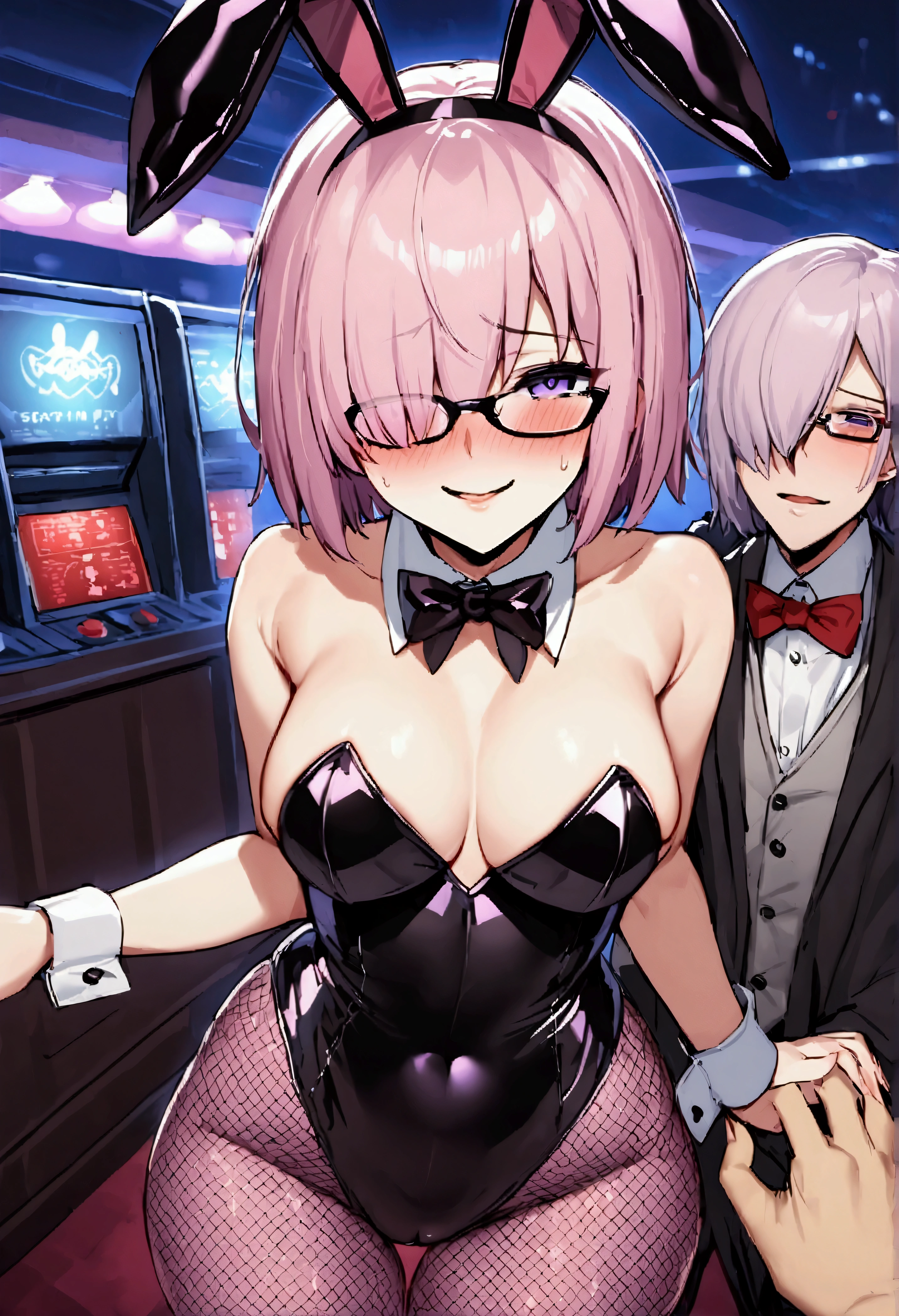 NSFW,masterpiece,Highest quality,High resolution,Very detailed,Mash Kyrielight\(Fate/grandorder\),short hair,Purple Eyes,Pink Hair,(Hair over one eye:1.2),Glasses,(Playboy Bunny),Fishnet tights,Nightlife,cyber punk,casino,Lustful face,Bitter smile,(Prostitute),(Being molested),Being touched,My chest is grabbed,I feel,Customer Service,Reception,Lean on