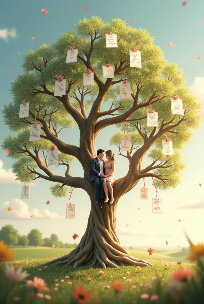 create a wedding guest tree, with several numbers on the tree branches and a couple sitting on the branches