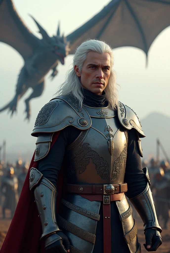 Make a detailed image of *aegon targaryen*, a white-haired, purple-eyed warrior, on battlefield, with his dragon flying in the sky