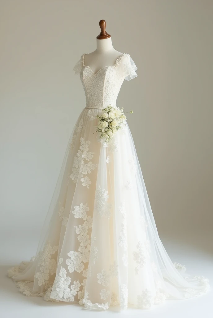 classic wedding dress with white and delicate flowers printed with simple bouquet