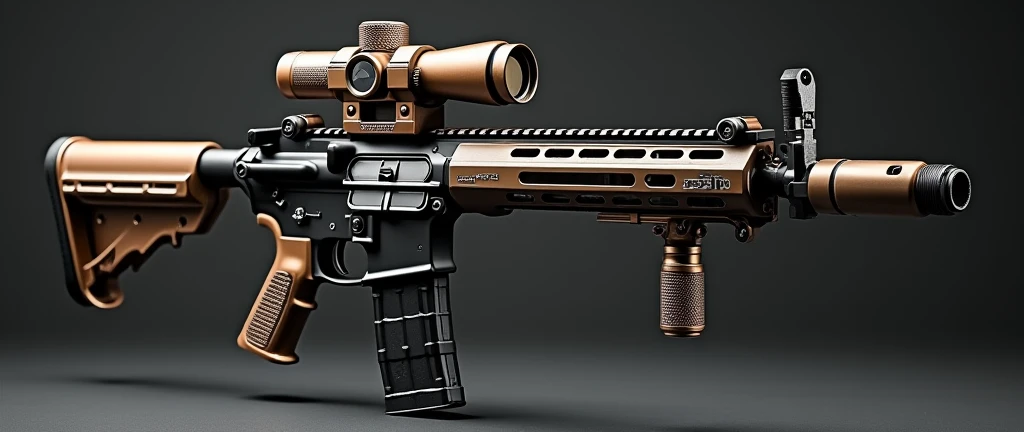 A highly detailed, photorealistic, 8K photograph of a custom-modified modern M4A1 carbine rifle, bronze-colored handguard, LVOA-C style configuration, studio lighting, hyperrealistic, masterful lighting and shading, cinematic composition, intricate textures, premium quality. разные ракурсы