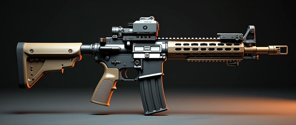 A highly detailed, photorealistic, 8K photograph of a custom-modified modern M4A1 carbine rifle, bronze-colored handguard, LVOA-C style configuration, studio lighting, hyperrealistic, masterful lighting and shading, cinematic composition, intricate textures, premium quality. разные ракурсы