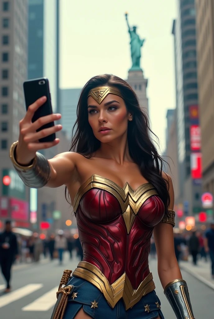 gal gadot wonder woman taking selfie in new york hyper realistic hyper detailed 4k photo quality