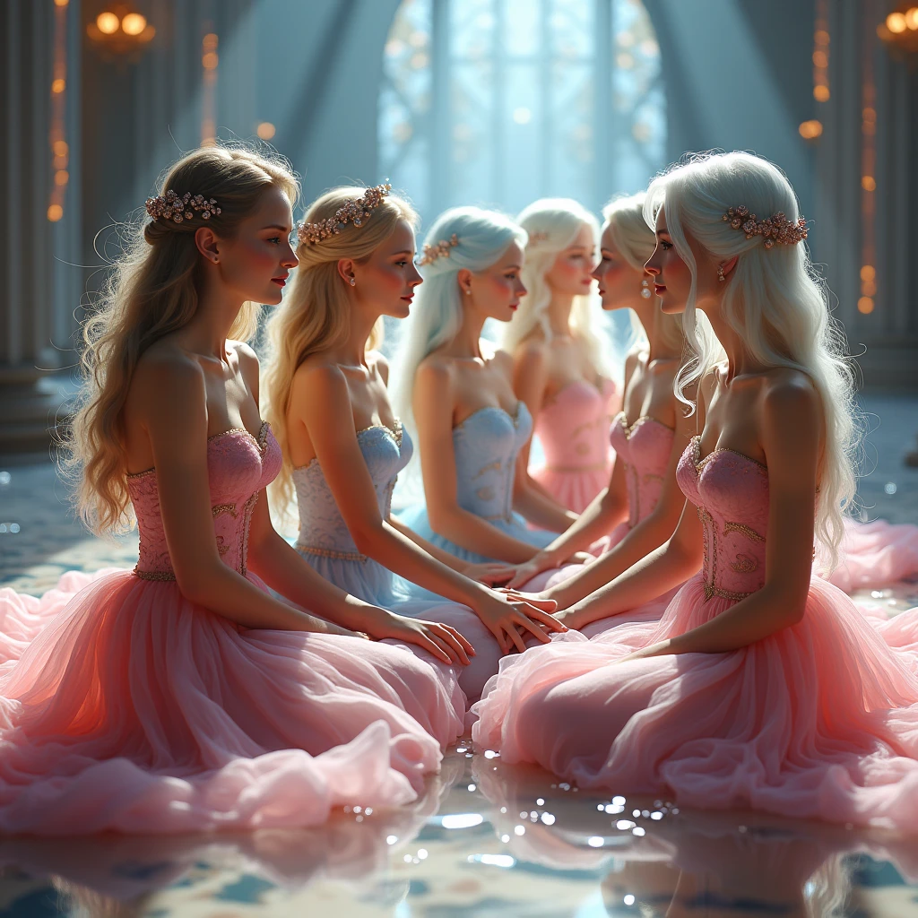 (Graceful Full Body of Extremely Detailed((Sexy Princesses Group in a row:1.37))), KAWAII perfect face with Reflective Eyes, Detailed(Delicate Clothing textures), Correct Graceful Legs, Dynamic Joyful Expressions LifeLike Rendering, Specular Reflection of mirrored floor, (TopQuality 8K Ultra-detailed masterpiece (ProfessionalPhoto:1.37))(((Raw, Realistic))), (Acutance:0.8), (Luminism:1.28), Renaissance art style, Portraits, Colorful Light particles, (Full body from side) {Kissing Face to Face|Cute Peach AssFocus|(NakedApron with (Overflowing Sideboob))}, Radiant Fine Skin with Transparency, (Exposed:0.4) {Pink Hair|LightBlue Hair|Blonde|Pure White Hair|Liquid Hair|Red Shoes}, Perfect Lighting