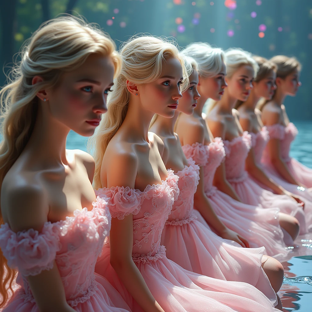 (Graceful Full Body of Extremely Detailed((Sexy Princesses Group in a row:1.37))), KAWAII perfect face with Reflective Eyes, Detailed(Delicate Clothing textures), Correct Graceful Legs, Dynamic Joyful Expressions LifeLike Rendering, Specular Reflection of mirrored floor, (TopQuality 8K Ultra-detailed masterpiece (ProfessionalPhoto:1.37))(((Raw, Realistic))), (Acutance:0.8), (Luminism:1.28), Renaissance art style, Portraits, Colorful Light particles, (Full body from side) {Kissing Face to Face|Cute Peach AssFocus|(NakedApron with (Overflowing Sideboob))}, Radiant Fine Skin with Transparency, (Exposed:0.4) {Pink Hair|LightBlue Hair|Blonde|Pure White Hair|Liquid Hair|Red Shoes}, Perfect Lighting