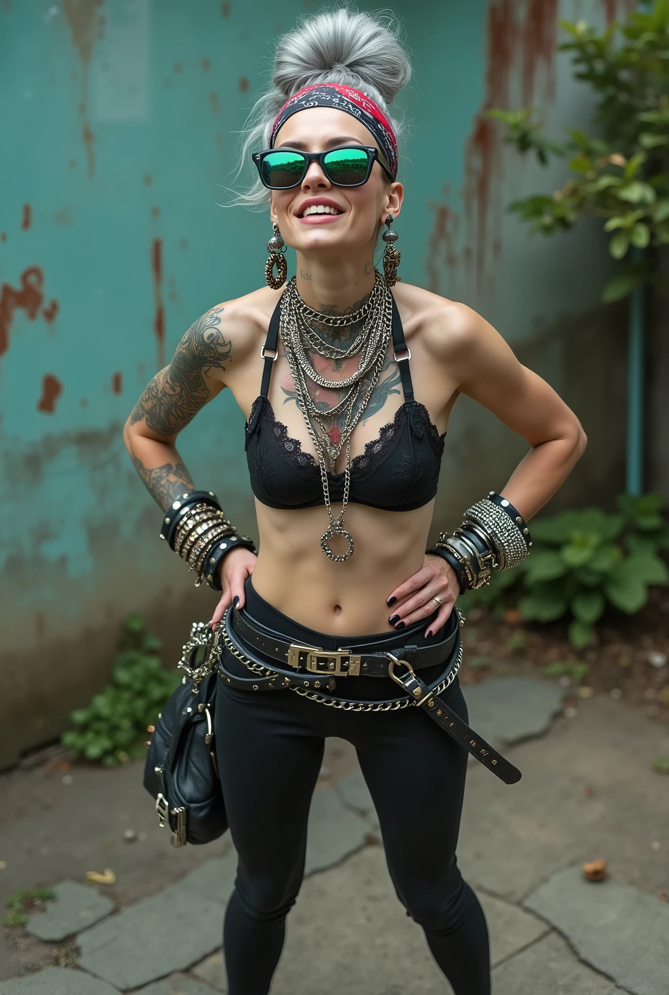 russian old milf woman,  grey hair (bouffant, top bun) and oversized square sunglasses and wide  colourful bandana as headband, with very light green eyes, extremely pale. Big lips.  Black lace push up bra, silicone breast,, black yoga pants Flip flops. Lots of thick wide studded bracelets, chain collars and big rings,. Additional crossed loose belts,. Long earrings with chains and feathers. Standing with legs apart,  hands on her hips, stretching her neck and looking up in surprise craving., Neck, chest, stomach and wrists heavily tattoed. Toned abdominals, thin neck, slim legs and thin arms. Narrow hips . Seem from above, sensual model poses