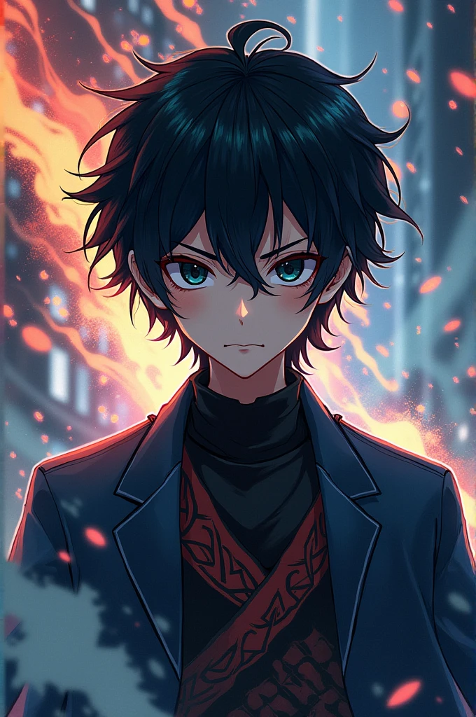 Male character in anime style jujutsu kaisen, medium black hair black eyes