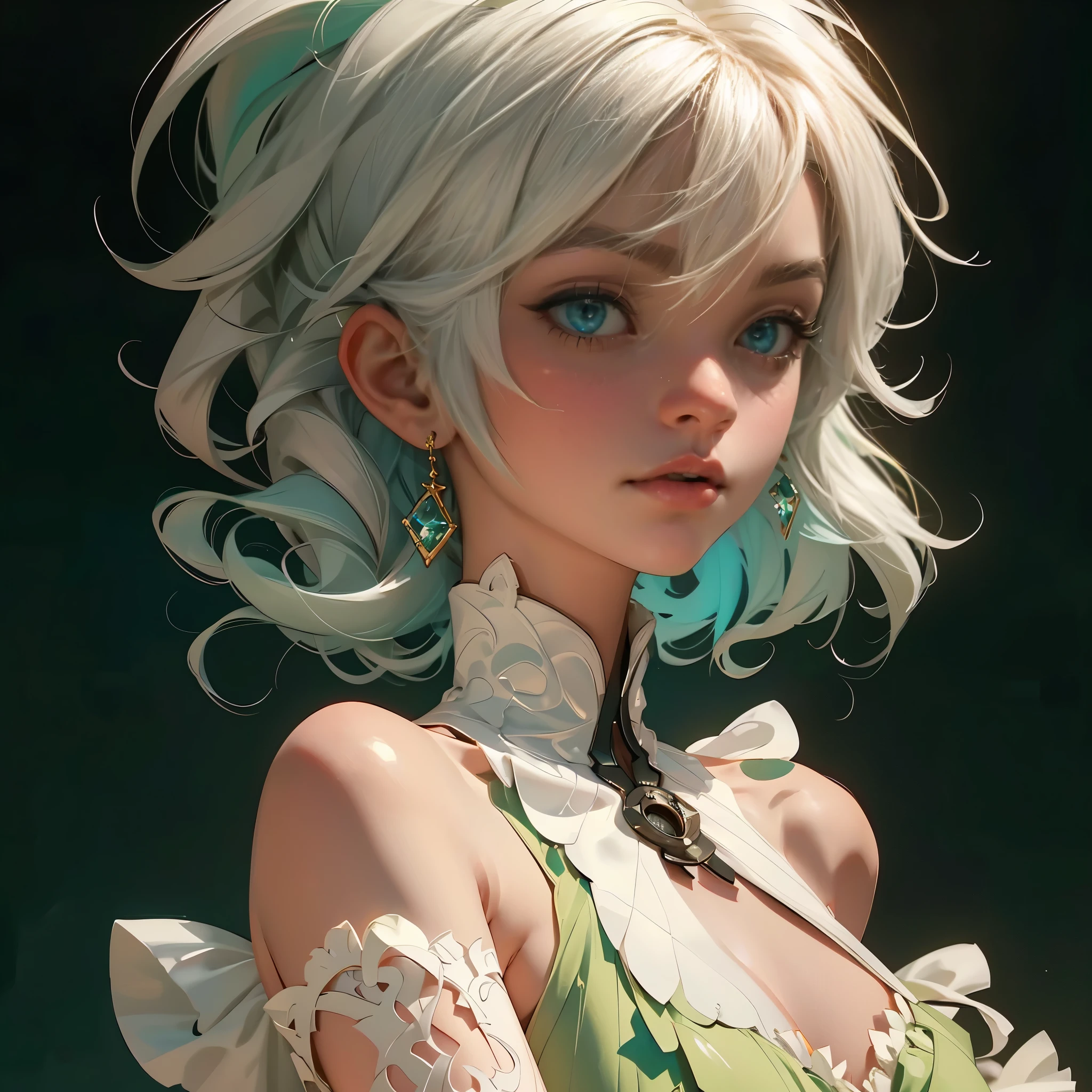 envision a 8k, highres, cinematic, beautiful close up portrait of a short girl named Cecilia Immergreen with multicolored hair, green eyes, doll joints, joints, bare shoulders, detached sleeves, hair between eyes, white hair, dressagainst a dark background