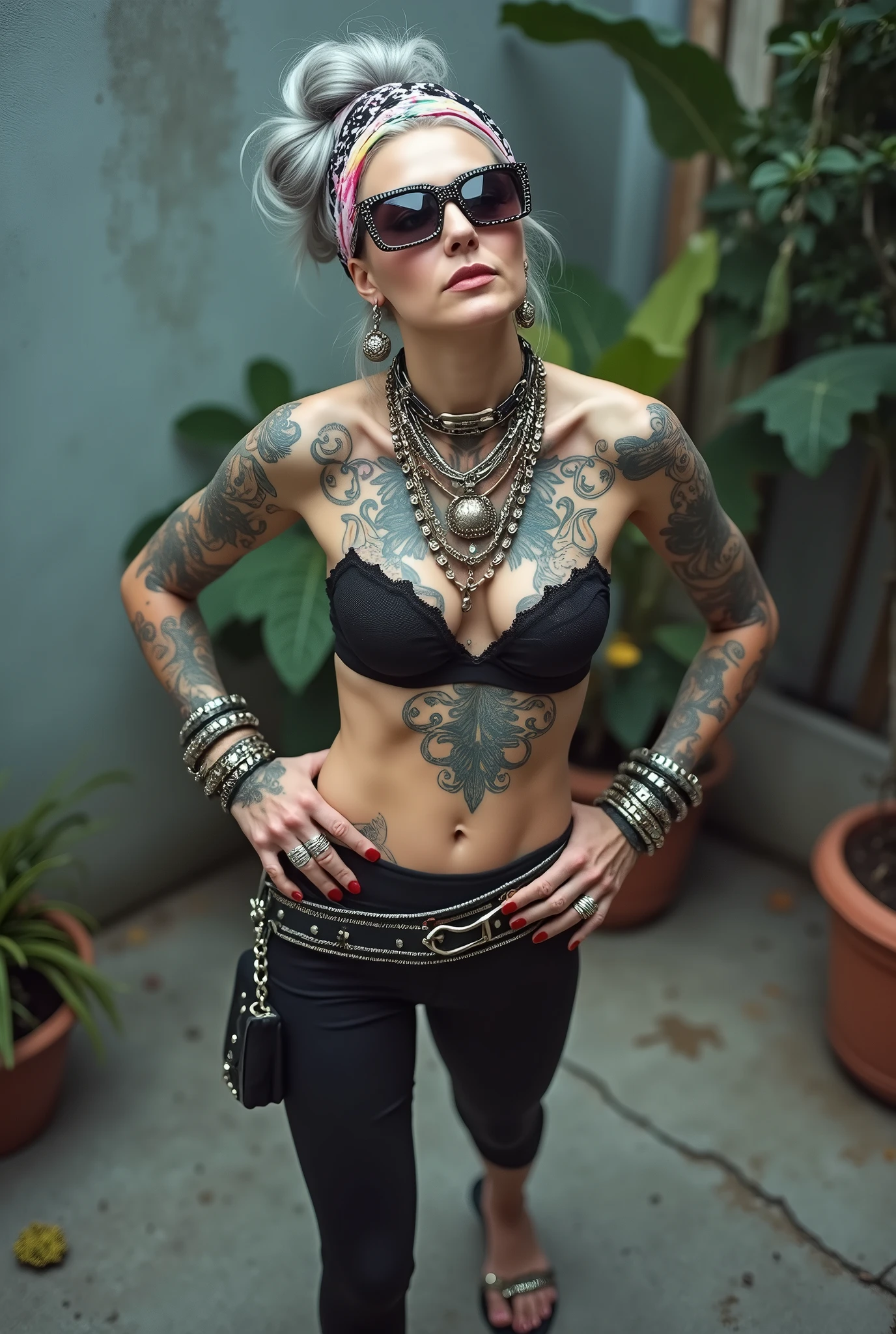 russian old milf woman, grey hair (bouffant, top bun) and oversized square sunglasses and wide colourful bandana as headband, with very light green eyes, extremely pale. Big lips. Black lace push up bra, silicone breast,, black yoga pants Flip flops. Lots of thick wide studded bracelets, chain collars and big rings,. Additional crossed loose belts,. Long earrings with chains and feathers. Standing with legs apart, hands on her hips, stretching her neck and looking up in surprise craving., Neck, chest, stomach and wrists heavily tattoed. Toned abdominals, thin neck, slim legs and thin arms. Narrow hips . Seem from above, sensual model poses