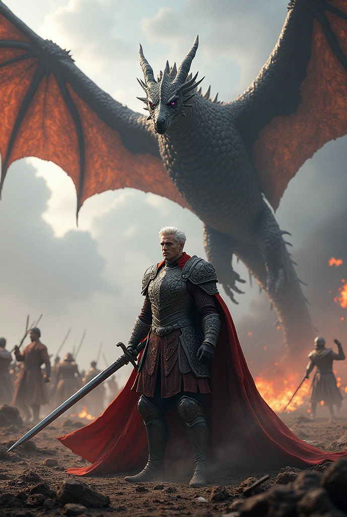 Make a detailed image of *aegon targaryen*, a white-haired, purple-eyed warrior, on battlefield, with his dragon flying in the sky. With your name written below the image