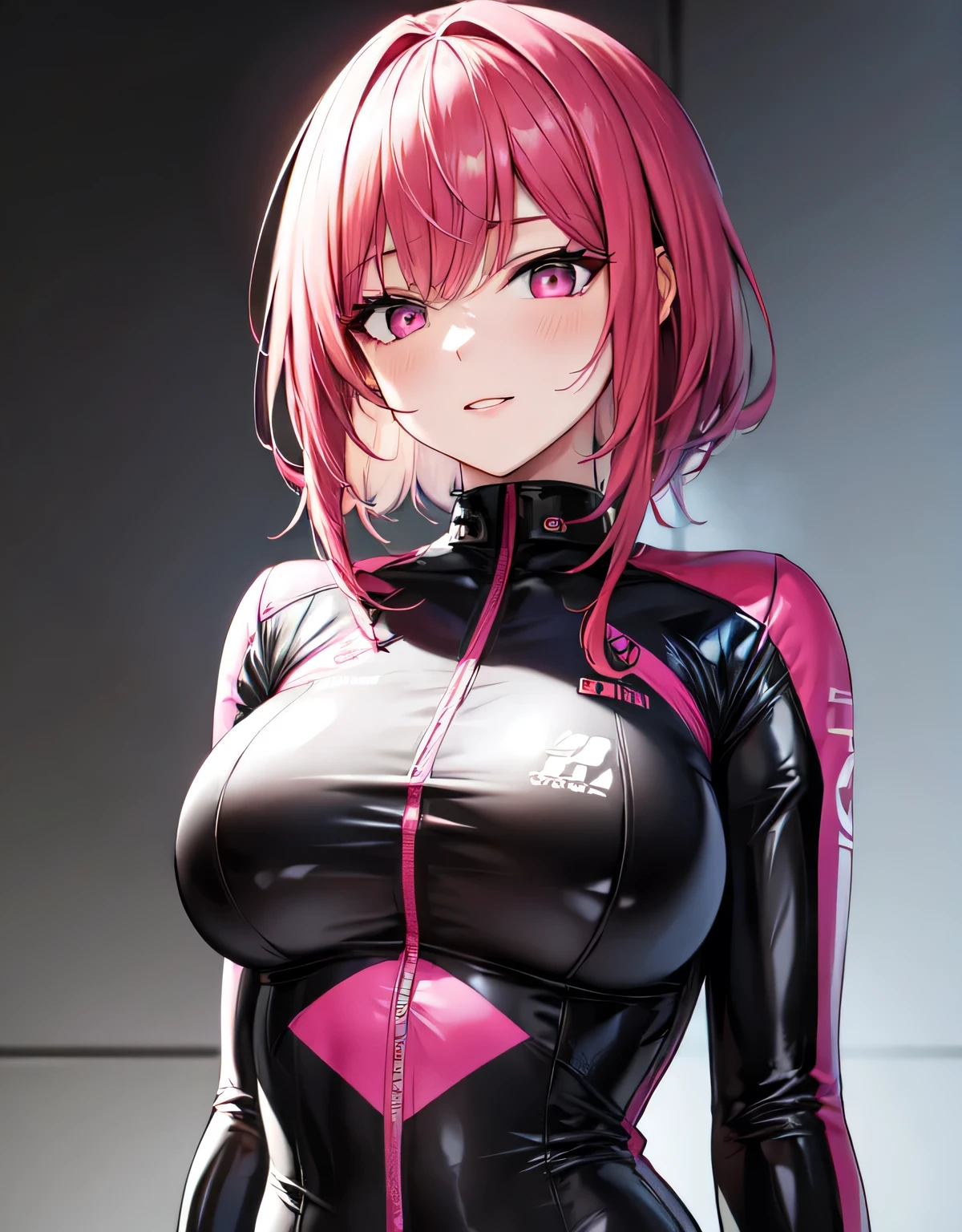 (large breasts:1.55),(shiny,hair),((solo)),((masterpiece)),((best quality)),perfect anatomy,slim waist,perfect image,8k UHD,(beautiful detailed eyes:1.5),extremely detailed face,standing,(upper body:1.25),(look at the front:1.5),arms behindback,ultra-detailed,absurdres,highres,(shiny pink and black racing suits:1.35),outdoors,smile,(pink hair:1.1),(medium hair),(latex),lips,(pink eyes:1.15),